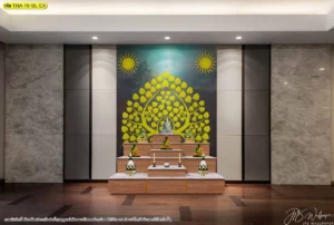 งานออกแบบสถาปัตยกรรมภายในสำหรับห้องสวดมนต์ เน้นพื้นหลังสีเทาดำตัดกับลวดลายใบไม้สีทอง