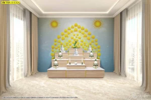 บรรยากาศห้องที่สว่างและโปร่งโล่งจากการใช้ผนังตกแต่งสีฟ้าอ่อนสำหรับมุมประกอบพิธีกรรม