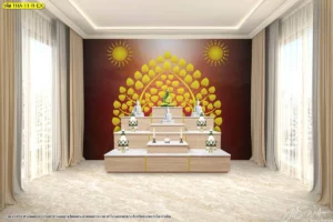 งานสถาปัตยกรรมภายในของห้องสวดมนต์ขนาดใหญ่ จัดวางโต๊ะหมู่บูชาคู่กับผนังตกแต่งสีแดงเข้มและลวดลายต้นไม้