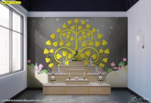 ไอเดียห้องพระโมเดิร์นลอฟท์โทนสว่างตกแต่งด้วยภาพพุ่มไม้มงคลสีทองอร่ามบนพื้นหลังสีเทาควันบุหรี่เรียบหรูให้ความรู้สึกสงบเงียบสง่างามและมีสมาธิยิ่งขึ้น