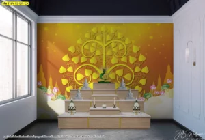 การออกแบบตกแต่งห้องบูชาพระในสไตล์โมเดิร์นลักซ์ชัวรี่เน้นโทนสีทองอำพันส้มอิฐส่องประกายสว่างไสวร่วมกับภาพวาดลายกิ่งไม้มงคลแผ่พุ่มงดงามวิจิตรตระการตา