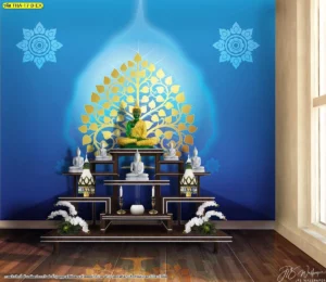 ผนังห้องพระโทนสีน้ำเงินไล่เฉด มีเงาใบโพธิ์เรืองแสงและลายต้นโพธิ์ทองเด่นหลังพระประธานบนแท่นบูชาไม้เข้ม