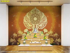 ภาพจำลองงานตกแต่งผนังห้องพระสีน้ำตาลทองแสดงลวดลายพุทธศิลป์อันประณีตที่ผสมผสานเข้ากับเฟอร์นิเจอร์ลายไม้ได้อย่างลงตัว