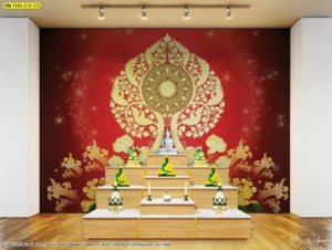 ภาพศิลปะไทยลายธรรมจักรสีทองบนพื้นหลังสีแดงเข้มที่สื่อถึงความศรัทธาและความเป็นสิริมงคลตามแบบแผนศิลปะในวัดไทย