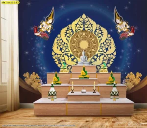 ไอเดียการตกแต่งหลังโต๊ะหมู่บูชาด้วยลวดลายไทยต้นโพธิ์และธรรมจักรสีทองเหลืองอร่ามบนพื้นหลังสีน้ำเงินเข้มเนวีบลูมีประกายดาวระยิบระยับ