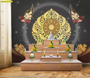 งานดีไซน์ผนังห้องพระโทนสีดำเทาร่วมสมัยประดับลวดลายไทยต้นโพธิ์ฉลุสีทองคำสว่างพร้อมภาพเทวดาพนมมือหันหน้าเข้าหาพระประธานอย่างงดงาม