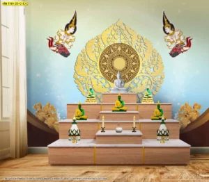 ผนังมุมห้องพระสไตล์โมเดิร์นคลาสสิกไล่เฉดสีเขียวพาสเทลและสีฟ้าอ่อนประดับลวดลายไทยต้นโพธิ์สีทองล้อมรอบองค์พระประธานดูสงบนิ่ง