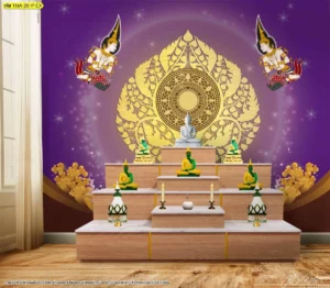 แบบจำลองการจัดห้องพระหรูหราด้วยผนังลวดลายไทยพุทธศิลป์โทนสีม่วงอเมทิสต์เข้มตัดกับลายต้นโพธิ์สีทองเหลืองอร่ามคมชัดสวยงาม