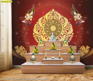 การออกแบบผนังสถานปฏิบัติธรรมด้วยโทนสีแดงชาดเข้มขลังประดับลายไทยธรรมจักรและต้นโพธิ์สีทองเหลืองอร่ามดูเปี่ยมด้วยความศรัทธา