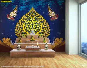 ห้องสวดมนต์ดีไซน์หรูหราด้วยผนังลายไทยโทนสีน้ำเงินเข้มเนวีบลูประดับลายต้นโพธิ์และเทพพนมสีทองเหลืองอร่ามสะดุดตาคมชัด