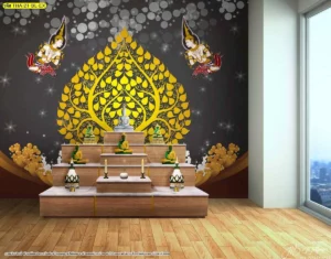 ไอเดียตกแต่งผนังห้องพระโทนสีดำเทาร่วมสมัยประดับลายต้นโพธิ์สีทองสว่างและลายกนกเปลวสีเหลืองทองขับเน้นมิติให้ห้องดูลึก