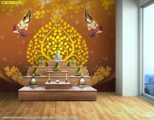 การตกแต่งผนังสถานปฏิบัติธรรมด้วยโทนสีน้ำตาลทองประดับลายไทยธรรมจักรและต้นโพธิ์สีทองเหลืองอร่ามดูเปี่ยมด้วยความศรัทธา