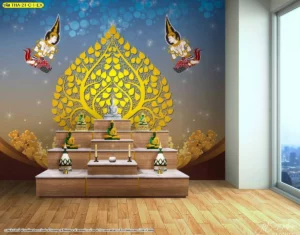 ห้องพระในบ้านสมัยใหม่ตกแต่งผนังหลังโต๊ะหมู่บูชาด้วยลายไทยต้นโพธิ์ไล่เฉดสีฟ้าและเทาละมุนตาช่วยสร้างความรู้สึกสงบผ่อนคลาย