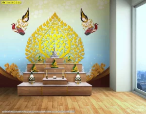 งานดีไซน์ผนังห้องสวดมนต์โทนสีฟ้าอ่อนพาสเทลตกแต่งลายต้นโพธิ์สีทองสว่างและองค์เทพพนมพนมมือด้านข้างพระประธานริมหน้าต่างบานใหญ่