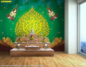 ห้องพระร่วมสมัยตกแต่งด้วยลายไทยต้นโพธิ์พุทธศิลป์บนพื้นหลังสีเขียวมรกตเข้มขับเน้นให้องค์พระพุทธรูปสีขาวดูเด่นและสง่างาม