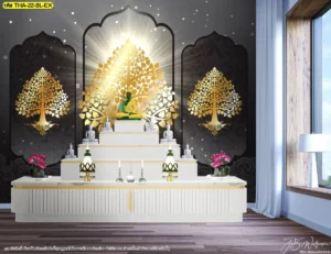 ห้องพระโทนดำเทา ตกแต่งภาพต้นโพธิ์สีทองและแสงรัศมีกลางผนัง ให้ความรู้สึกขรึมสง่าและนิ่ง