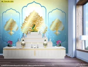 ห้องพระโทนฟ้าอ่อนสว่าง ใช้ภาพต้นโพธิ์สีทองช่วยเพิ่มความโปร่ง สะอาดตา และเหมาะกับบ้านโมเดิร์น