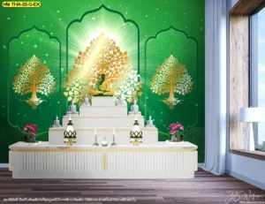 ห้องพระโทนเขียวเข้ม ตกแต่งด้วยภาพต้นโพธิ์สีทองบนผนังใหญ่ ช่วยสร้างจุดเด่นและความร่มเย็นในพื้นที่