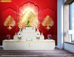 ห้องพระโทนแดงเข้ม พร้อมลายต้นโพธิ์สีทองและกรอบลายไทย เหมาะกับพื้นที่บูชาที่ต้องการพลังสีชัด