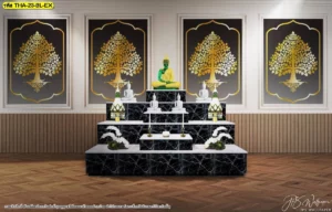 ห้องพระผนังกรอบบัวสีขาว ใช้ภาพต้นโพธิ์พื้นดำเทาเพิ่มความนิ่ง สุภาพ และดูร่วมสมัยอย่างลงตัว