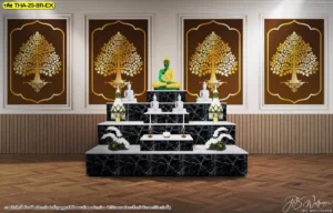 ห้องพระพื้นไม้และผนังลายระแนง ตกแต่งภาพต้นโพธิ์พื้นน้ำตาลทอง ให้โทนอุ่นและนุ่มลึกเหมาะกับบ้าน