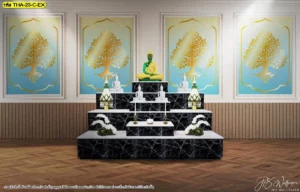 ห้องพระสไตล์สว่าง ใช้ภาพต้นโพธิ์พื้นฟ้าอ่อนในกรอบผนัง ช่วยให้พื้นที่ดูเบา โปร่ง และสะอาด