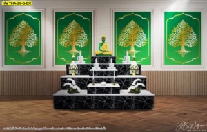 ห้องพระผนังลายระแนง ติดภาพต้นโพธิ์พื้นเขียวกรอบทองหลายช่อง สร้างบรรยากาศสดชื่นและสงบมากขึ้น