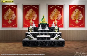 ห้องพระโทนแดงทองในกรอบบัวขาว ใช้ภาพต้นโพธิ์เป็นจุดเด่นหลังแท่นบูชา ดูหรูและเป็นระเบียบอย่างดี