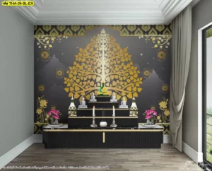 ไอเดียออกแบบตกแต่งภายในห้องพระขนาดใหญ่เลือกใช้ผนังหลังฐานชุกชีโทนสีดำสนิทช่วยขับสไตล์งานพิมพ์ลายไทยให้สว่างเด่นชัด