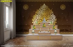 ไอเดียแต่งห้องพระคลาสสิกด้วยงานผนังโทนสีน้ำตาลช็อกโกแลตพิมพ์ลายต้นโพธิ์ทองคำดูอบอุ่นกลมกลืนกับชุดฐานชุกชีลายไม้แท้