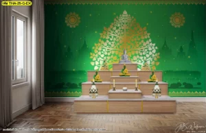แบบจำลองการจัดห้องพระเพื่อความสงบภายในองค์กรหรือบ้านพักอาศัยตกแต่งผนังด้วยลายพุ่มโพธิ์ร่วมสมัยโทนสีเขียวมรกตงดงาม