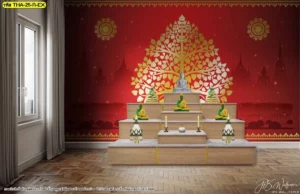 ตัวอย่างแบบห้องพระร่วมสมัยตกแต่งผนังประธานโทนสีแดงชาดสลับลายต้นโพธิ์ทองคำสว่างไสวจัดวางคู่ชุดโต๊ะหมู่บูชาลายไม้ธรรมชาติอย่างประณีต