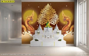 งานดีไซน์ผนังห้องพระสีน้ำตาลทองประดับลวดลายต้นโพธิ์และพญานาคคู่สีทองเหลืองอร่ามสร้างบรรยากาศคลาสสิกอบอุ่นน่าเลื่อมใส