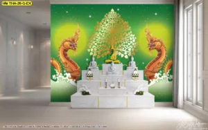ภาพจำลองจิตรกรรมฝาผนังลายไทยต้นโพธิ์และพญานาคสีทองอร่ามบนพื้นสีเขียวสว่างเสริมความร่มเย็นเป็นสุขภายในสถานปฏิบัติธรรม