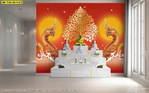 การออกแบบตกแต่งห้องพระขนาดใหญ่ด้วยภาพลายไทยต้นโพธิ์และพญานาคคู่พื้นหลังสีแดงสดสไตล์วัดหลวงโบราณโอ่อ่าสมพระเกียรติ