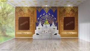 แบบจำลองพื้นที่ประกอบพิธีกรรมทางศาสนาตกแต่งผนังกลางด้วยลายไทยสีน้ำเงินไพลเข้มสลับกับกรอบรูปไม้สีน้ำตาลทั้งสองฝั่ง