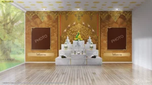 การตกแต่งห้องพระสไตล์คลาสสิกด้วยลายไทยต้นโพธิ์และเทพพนมโทนสีน้ำตาลประกายทองสอดรับกับพื้นไม้ลามิเนตสีธรรมชาติอย่างลงตัว