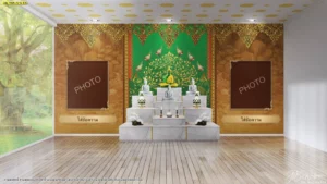 ภาพจำลองการตกแต่งห้องพระด้วยลวดลายไทยโทนสีเขียวและสีทองประกายงดงามบนผนังด้านหลังโต๊ะหมู่บูชาหินอ่อนอย่างเป็นระเบียบเรียบร้อย
