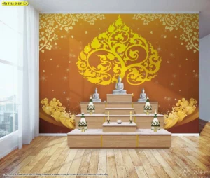 ภาพดีไซน์ลายใบโพธิ์ทองบนพื้นหลังโทนสีส้มอิฐสว่างสดใสสื่อถึงความรุ่งเรืองและการเติบโตในทางธรรมเพื่อการตกแต่งภายในบ้าน