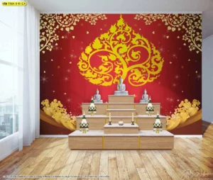 ไอเดียตกแต่งภายในห้องพระด้วยภาพแคนวาสลายต้นโพธิ์ทองบนพื้นหลังสีแดงเข้มที่ให้ความรู้สึกถึงพลังศรัทธาและความเป็นสิริมงคลตามแบบพุทธศิลป์