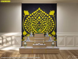 ภาพจำลองงานออกแบบภายในห้องพระด้วยโทนสีดำชาร์โคลเน้นความเคร่งขรึมและสง่างามโดยใช้ลายใบโพธิ์สีทองช่วยเสริมมิติให้กับพื้นที่หลังโต๊ะหมู่บูชาอย่างลงตัว