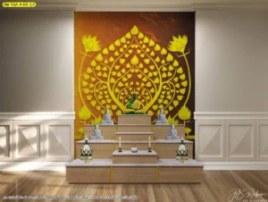 งานดีไซน์ห้องพระในโทนสีน้ำตาลทองให้ความรู้สึกอบอุ่นและมีมนต์ขลังด้วยภาพศิลปะไทยร่วมสมัยที่จัดวางองค์ประกอบของใบโพธิ์และดอกบัวได้อย่างสมบูรณ์แบบที่สุด