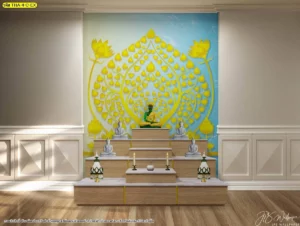 การออกแบบห้องพระสไตล์โมเดิร์นคลาสสิกโดยใช้โทนสีฟ้าอ่อนช่วยให้พื้นที่ดูโปร่งสบายตาและมีความนุ่มนวลเสริมด้วยงานพุทธศิลป์ที่สะท้อนรสนิยมอันโดดเด่นของผู้พักอาศัย