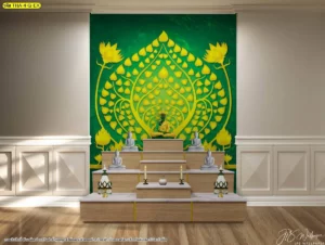 ไอเดียการตกแต่งผนังห้องพระด้วยโทนสีเขียวมรกตที่สื่อถึงความร่มเย็นเป็นสุขจับคู่กับลายไทยใบโพธิ์ทองประยุกต์ที่ช่วยยกระดับสถาปัตยกรรมภายในให้ดูภูมิฐานยิ่งขึ้น
