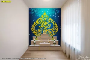 ห้องพระขนาดกะทัดรัด ผนังสีน้ำเงินทองหลังชั้นบูชาไม้ ให้บรรยากาศลึก สงบ และโดดเด่นมากขึ้น