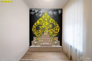 ห้องพระผนังดำทองหลังชั้นบูชาไม้ วางริมหน้าต่างม่านโปร่ง เหมาะกับพื้นที่สวดมนต์ส่วนตัว