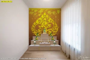 ห้องพระผนังน้ำตาลทองหลังชั้นบูชาไม้ โทนอุ่นเข้ากับพื้นไม้และแสงธรรมชาติจากหน้าต่างด้านข้าง