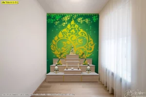 ห้องพระผนังเขียวทองหลังชั้นบูชาไม้ ให้ความรู้สึกสดชื่น สุภาพ และเหมาะกับห้องสวดมนต์ในบ้าน