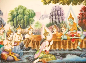 ภาพกัณฑ์ที่ 1 ฉากเหล่าเทวดาเข้าเฝ้าพระอินทร์ รายละเอียดสีทองอ่อน เหมาะวางในหน้าบทความเล่าเรื่องงานศิลปะไทย