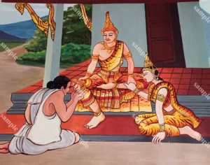 ภาพสักบรรพในอาคารไทย มีตัวละครนั่งรับการกราบ สีแดงทองช่วยสร้างจุดสนใจบนผนังห้องพิธีอย่างชัดเจนและอบอุ่น